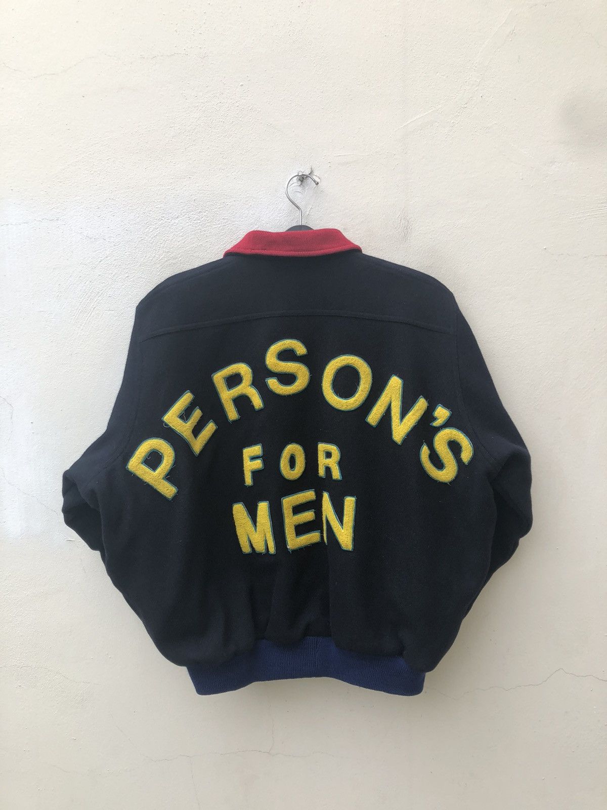 image of Persons x Varsity Jacket 80's Person’S Japan Spell Out Varsity Oversize Bomber Wool in Dark Blue (S