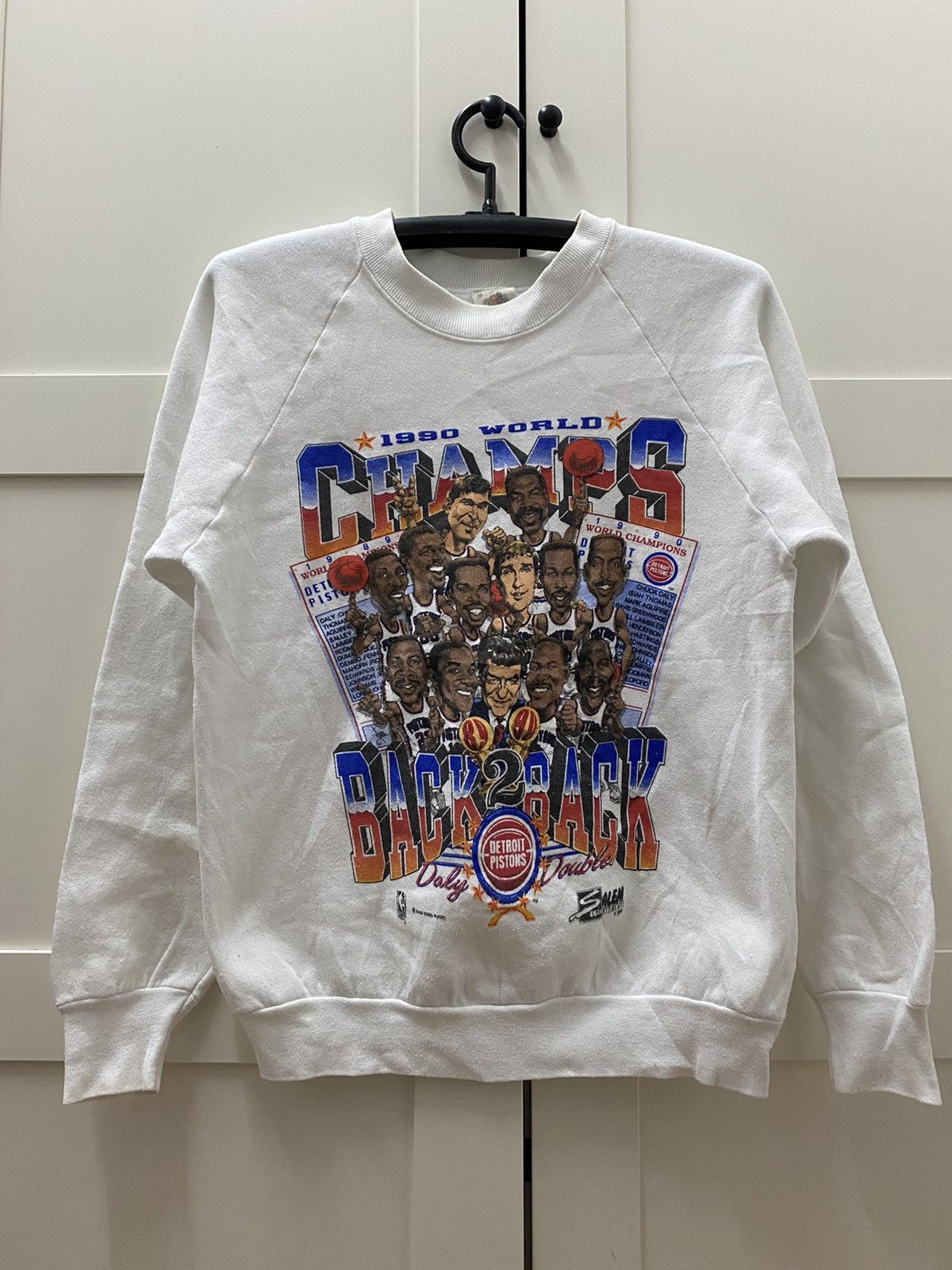 image of NBA x Salem Vintage 1990 World Champ Detroit Pistons Sweatshirts in White, Men's (Size Medium)