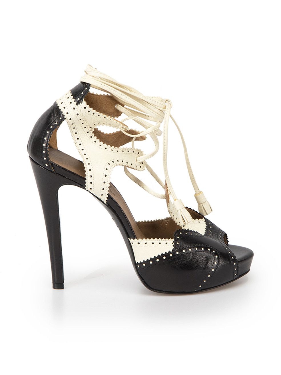 Hermes Black & White Leather Brogue Accent Strappy Heels Grailed
