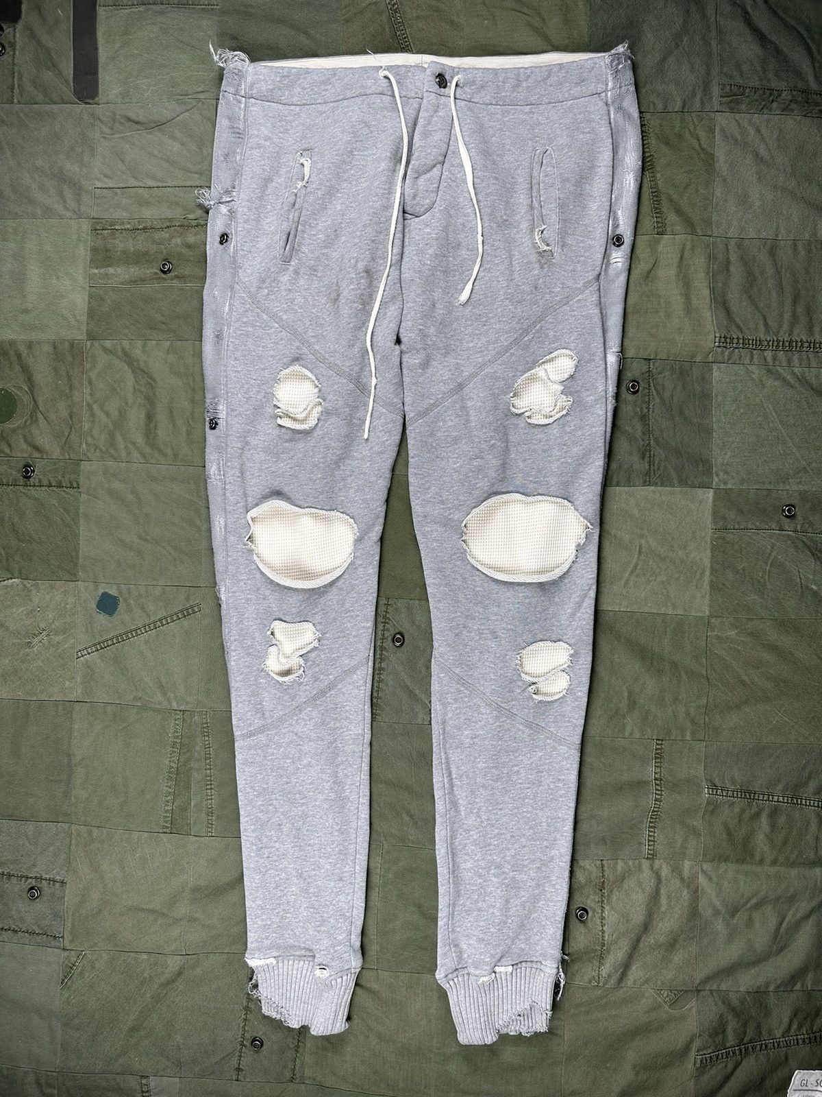 image of Greg Lauren Destroyed Gl Sweatpants in Grey, Men's (Size 34)