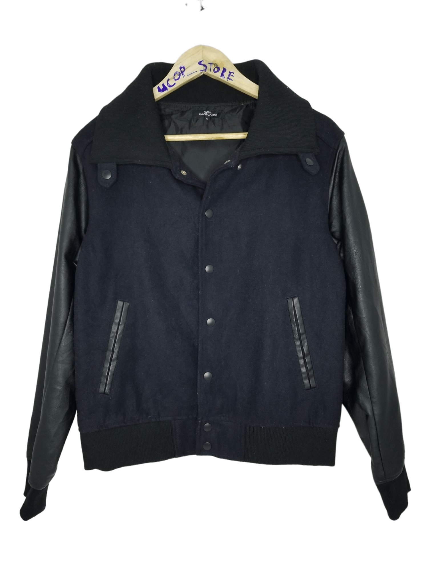 image of Avant Garde x Ppfm Wool Varsity Ppfm Button Jacket Bomber Style in Navy Blue, Men's (Size Small)