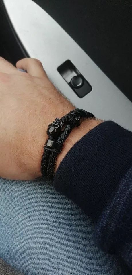 Jewelry Stainless Steel Charm Magnetic Black Leather Bracelet Size ONE SIZE - 4 Thumbnail