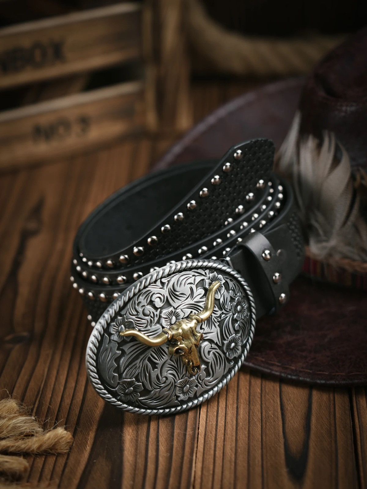Cowboy Equipment Bull Head Skull Western Denim Belt Size ONE SIZE - 2 Thumbnail