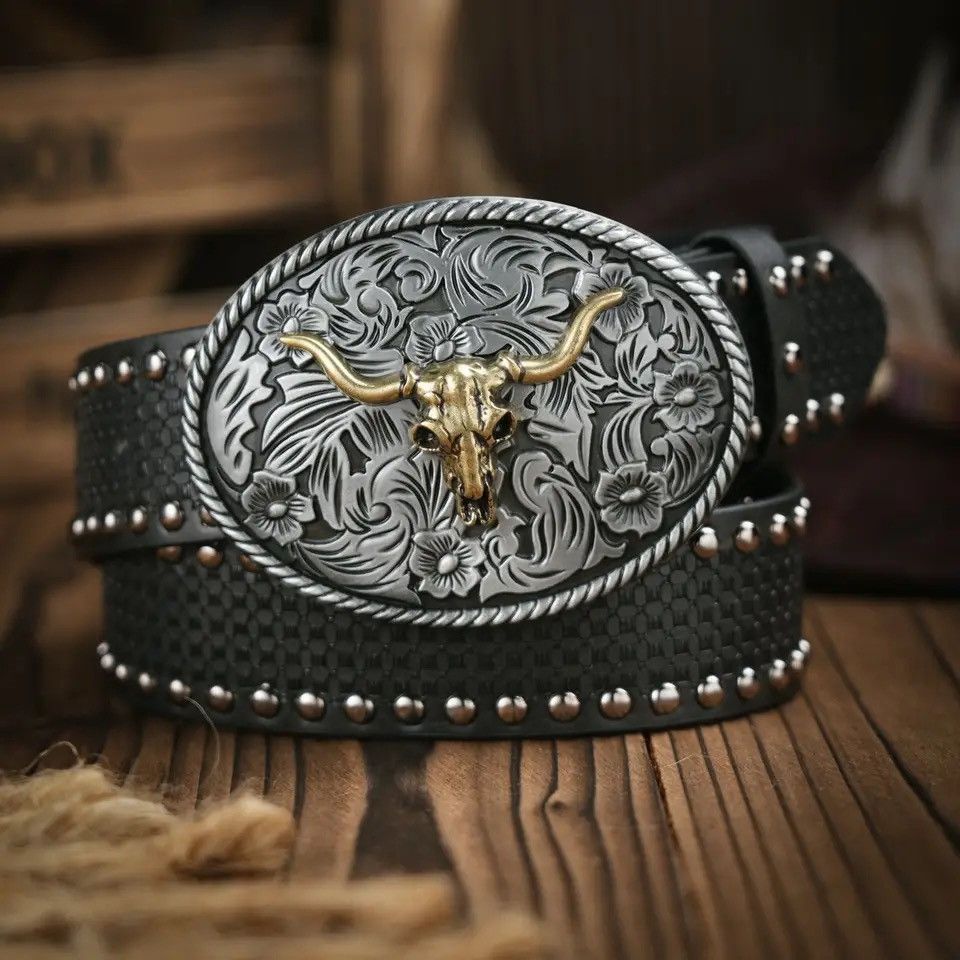 Cowboy Equipment Bull Head Skull Western Denim Belt Size ONE SIZE - 1 Thumbnail