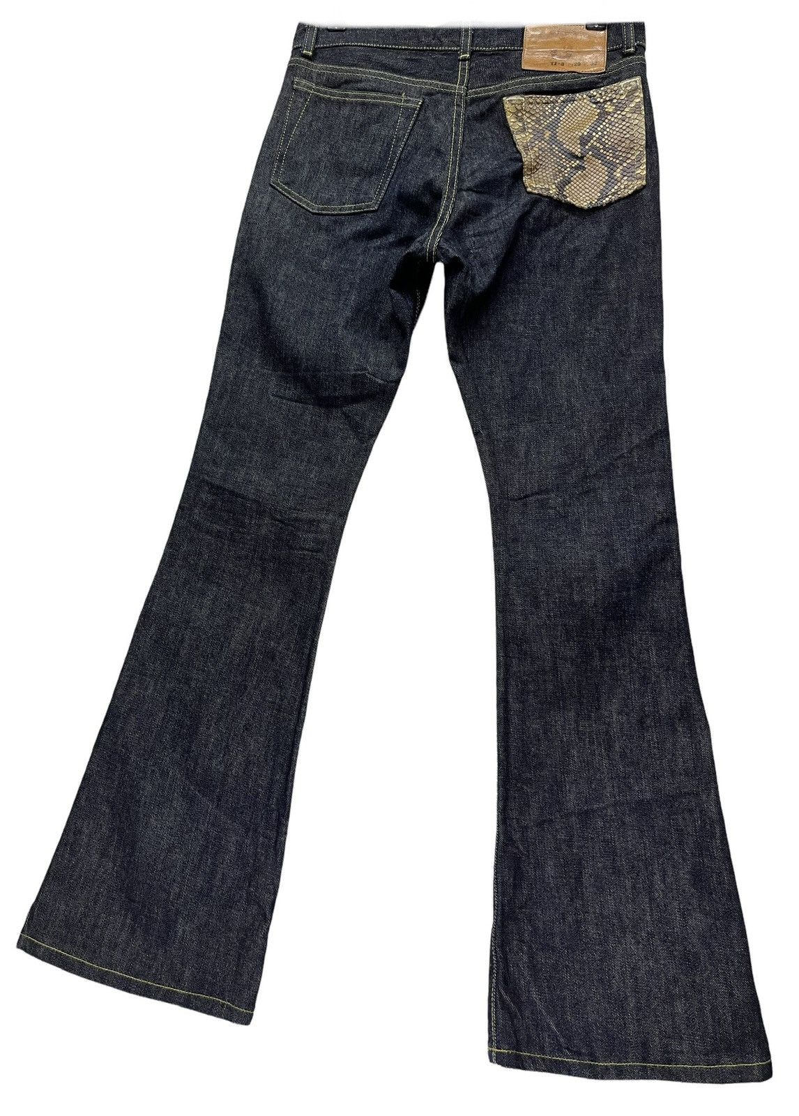 image of Glamour tj-3 Snake Leather Pocket Perfect Flare Tokyo Denim in Dark Blue Denim, Women's (Size 27)