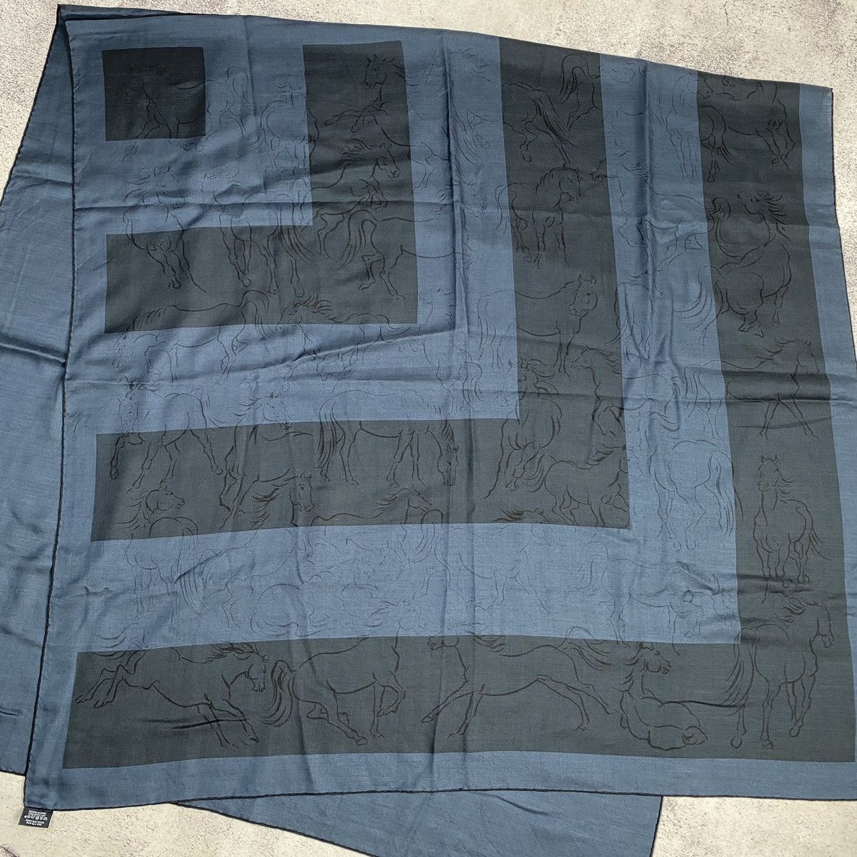 Hermes Big Scarf Silk Linen Navy Horse Pattern 196 x 100 cm