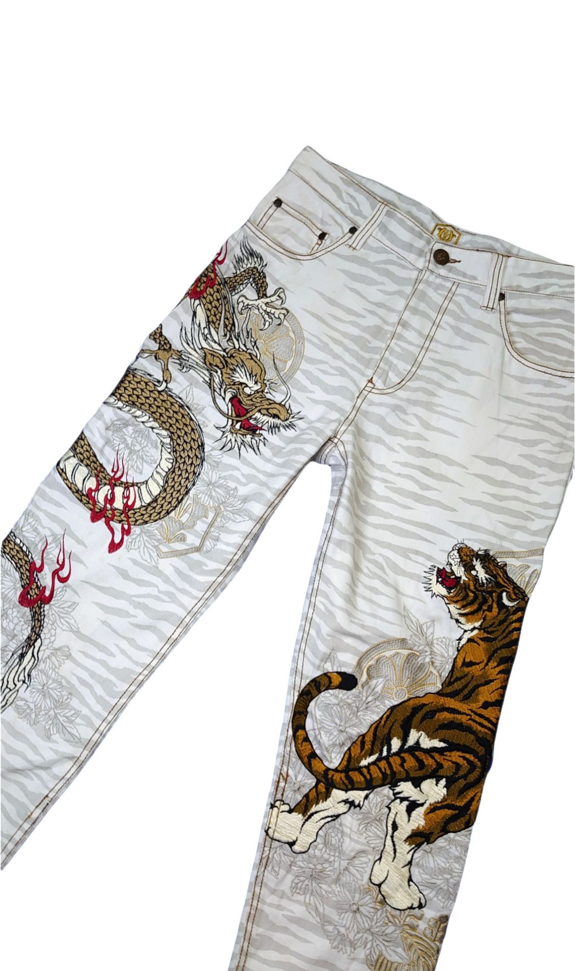Toyo Enterprises VINTAGE RARE JAPANESE SUKAJAN JEANS X TIGER DRAGON EMBROIDED Size US 33 - 3 Thumbnail