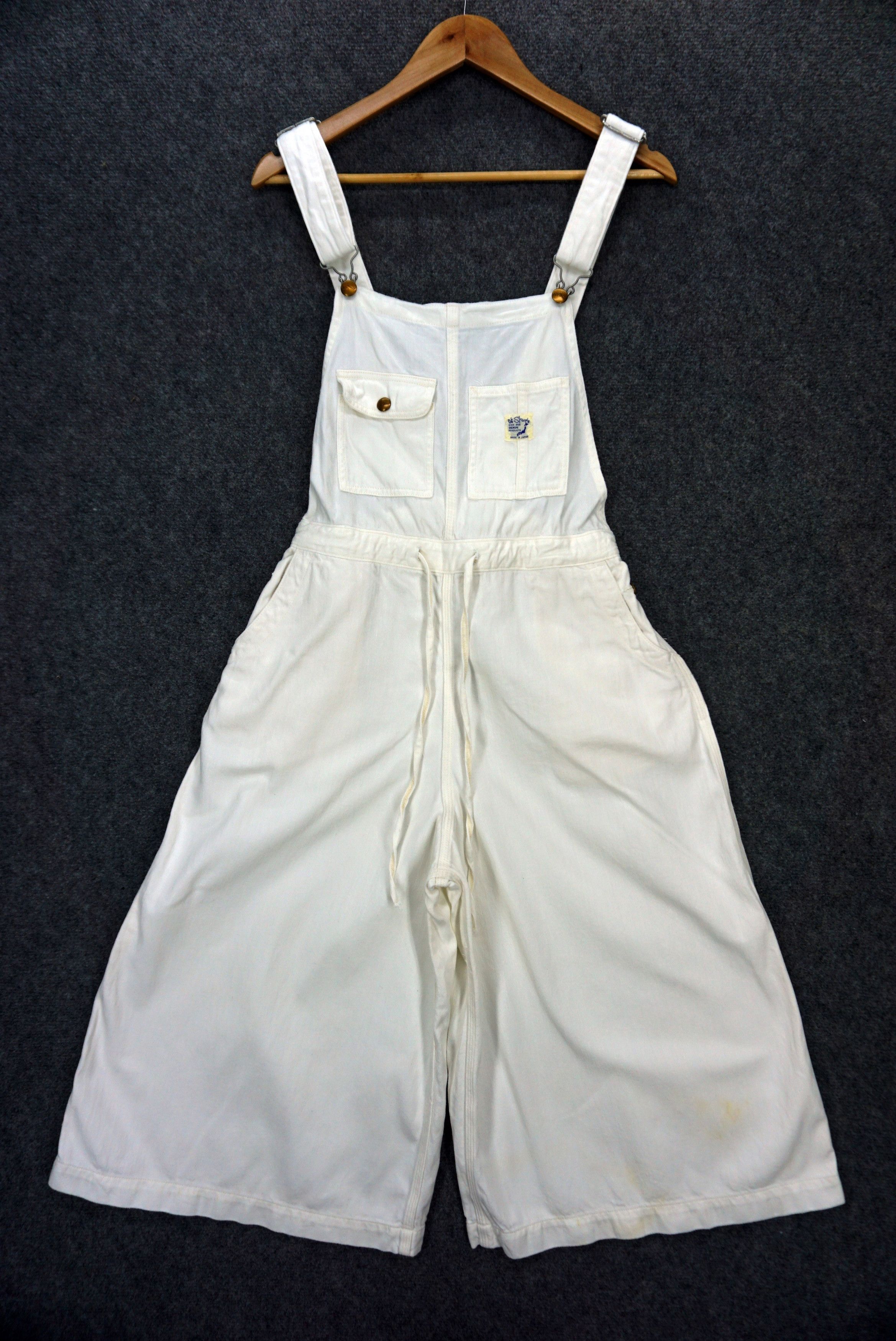 image of Orslow x Workers Wide Leg Cropped Hickory Workwear Carpenter Dungarees in White, Women's (Size 26)