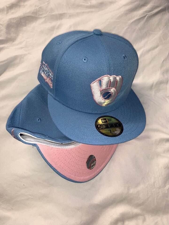 image of New Era Exclusive Milwaukee Brewers Cotton Candy Fitted Pink Bottom in Baby Blue Pink, Men's