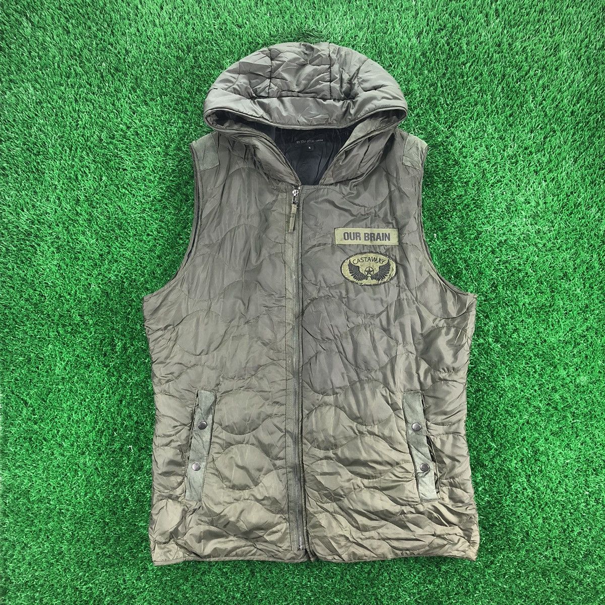 image of Vintage In The Attic Homme OG Puffer Vest Hoodie Zipper in Olive Green, Men's (Size 2XL)