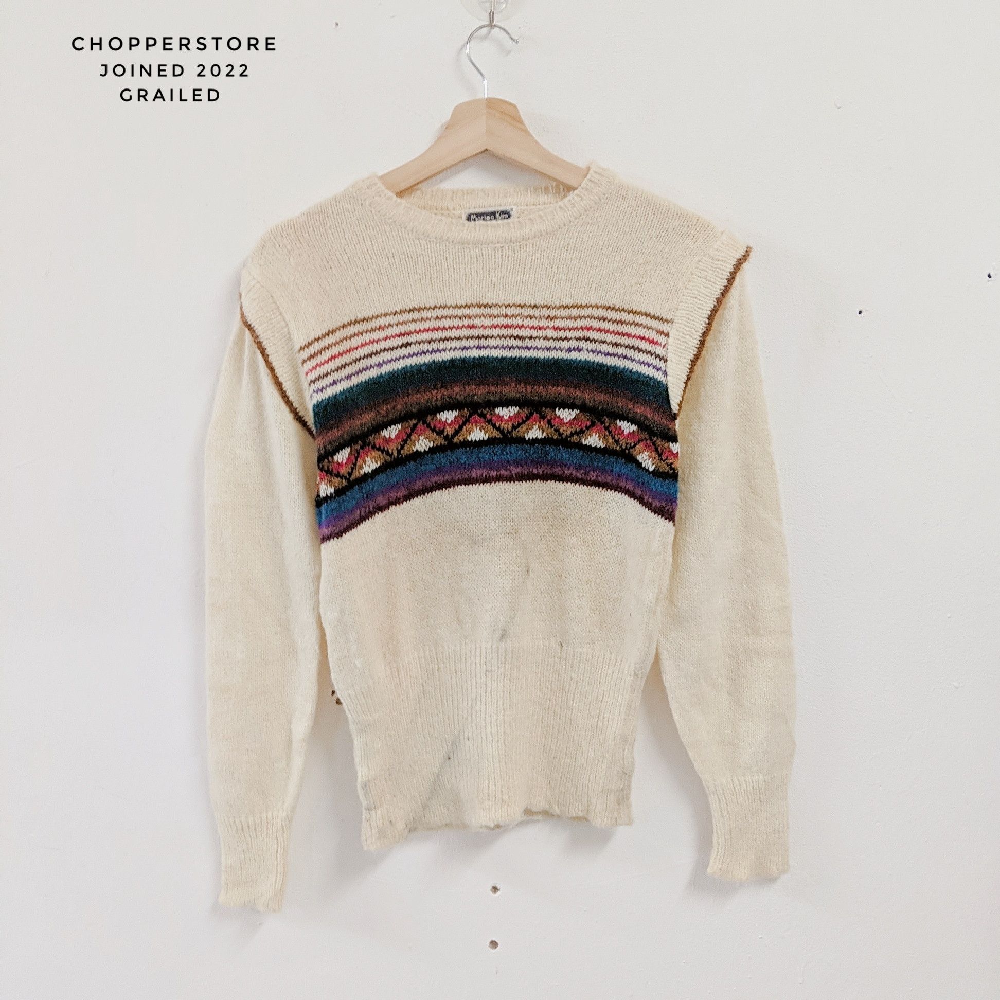 Aran Isles Knitwear × Japanese Brand Vintage Mariea Kim Stripe Knitwear Sweater Size US S / EU 44-46 / 1 - 1 Thumbnail