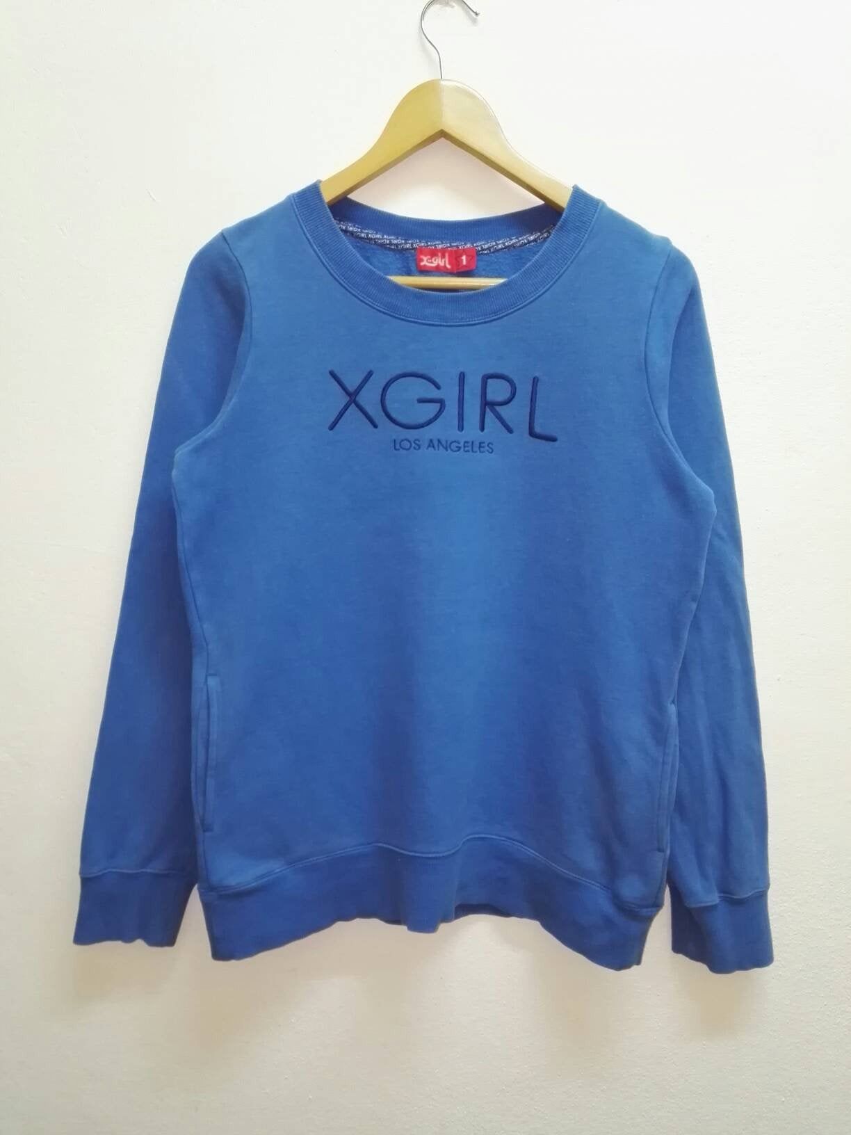 Image of Vintage Sweatshirt X-Girl Big Logo Have Pocket in Blue, Men's (Size Small)