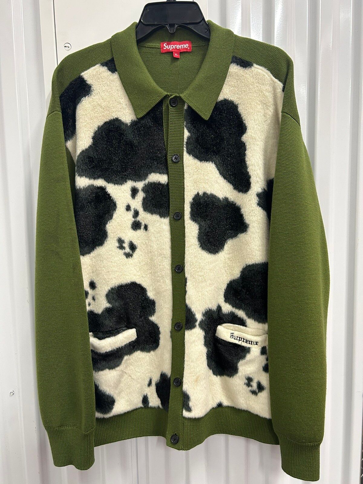 Pre-owned Cow Print Cardigan In Moss Green