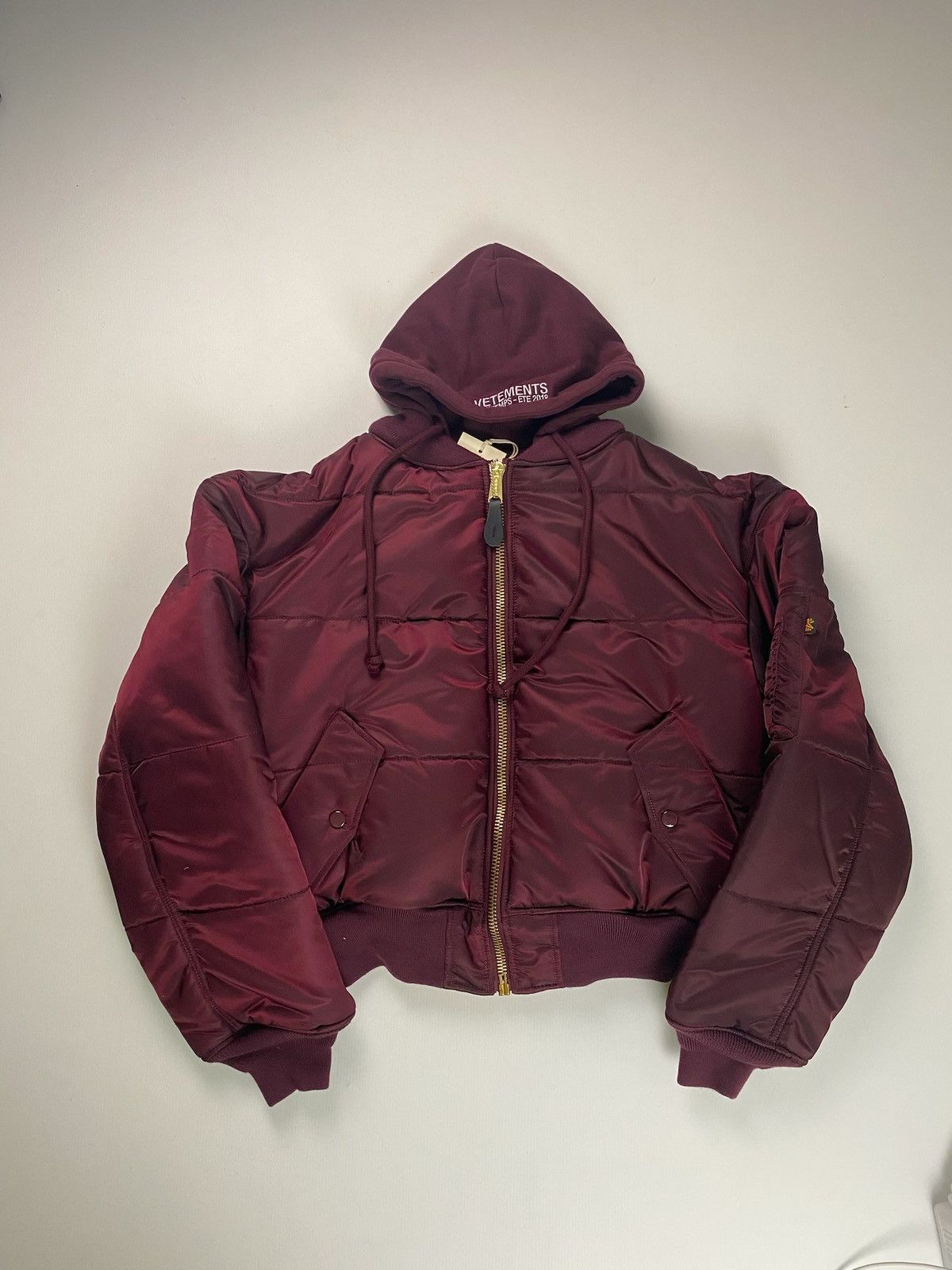 image of Vetements Reversible Flag Ma1 Bomber Jacket In Burgundy in Red, Men's (Size Small)