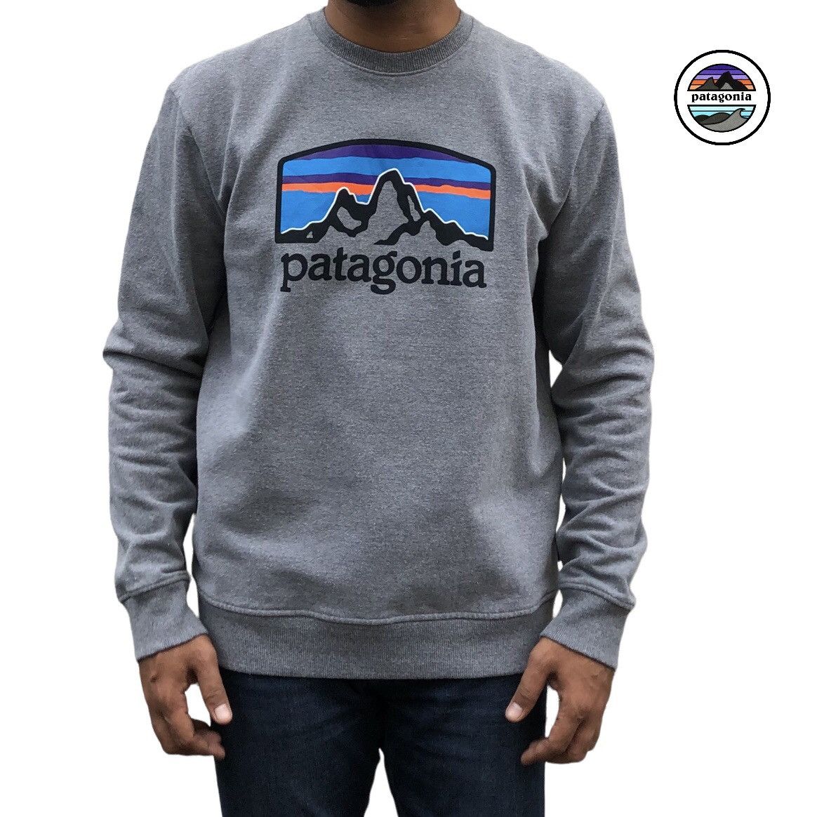 image of Patagonia Men's Fitz Roy Horizons Uprisal Crew Sweatshirt in Grey (Size Medium)