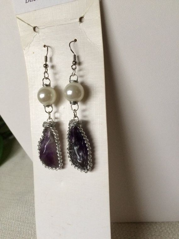 Handmade Amethyst stone drop earrings with pearl bead Size ONE SIZE - 2 Thumbnail