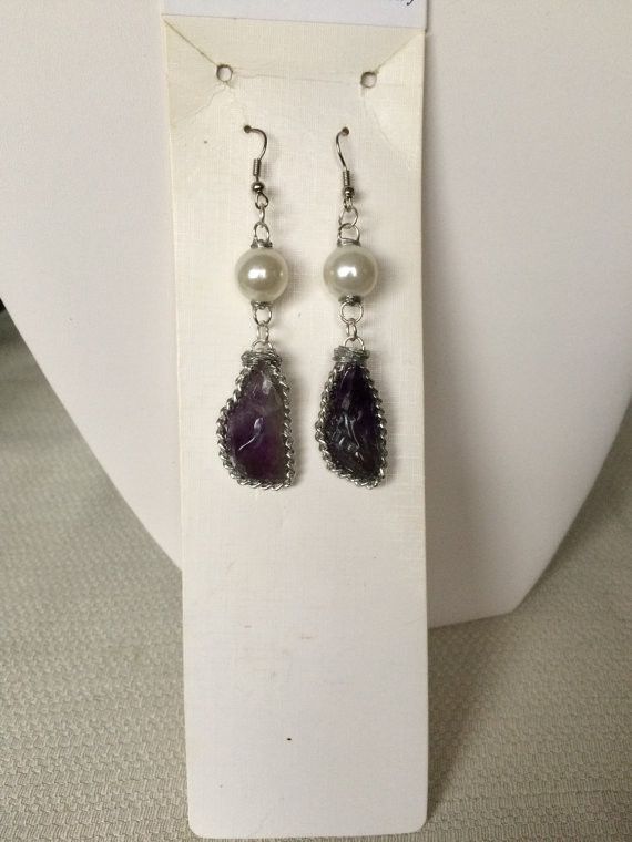 Handmade Amethyst stone drop earrings with pearl bead Size ONE SIZE - 1 Thumbnail