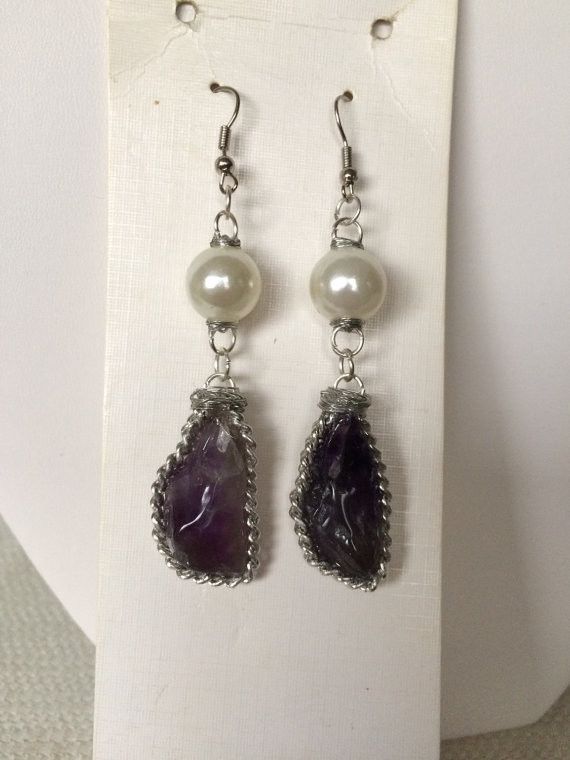 Handmade Amethyst stone drop earrings with pearl bead Size ONE SIZE - 3 Thumbnail