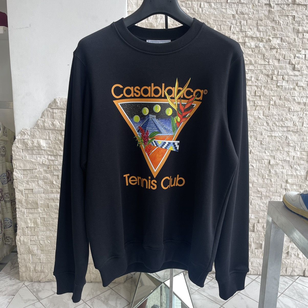 Image of Casablanca Tennis Club Printed Crewneck Size Xxl in Black, Men's