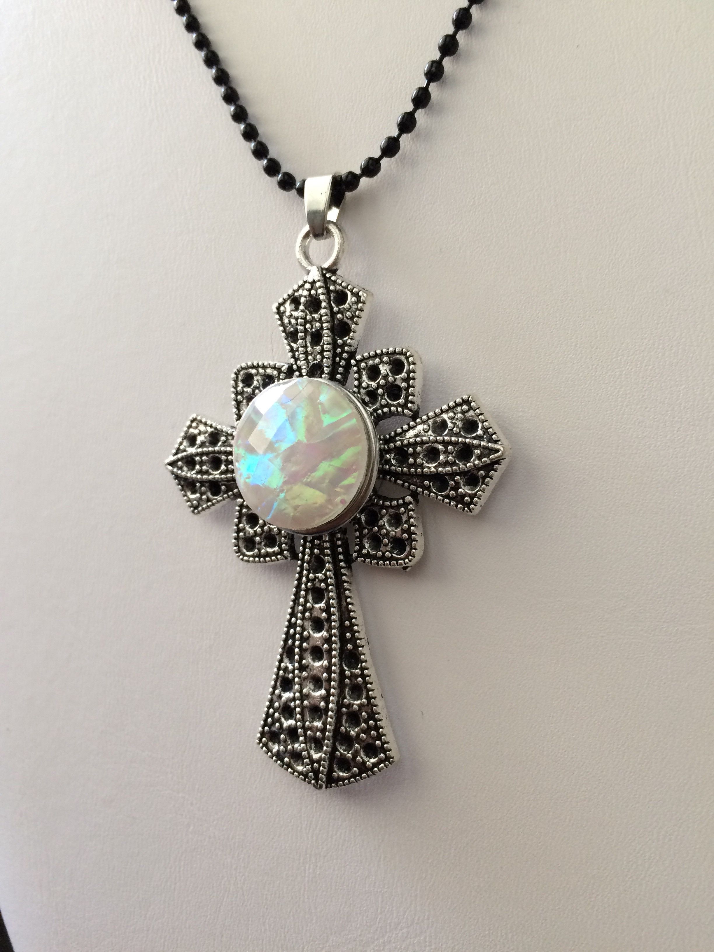 Jewelry Cross Chunk Button Tibetan silver Pendant Necklace - White Size ONE SIZE - 2 Thumbnail