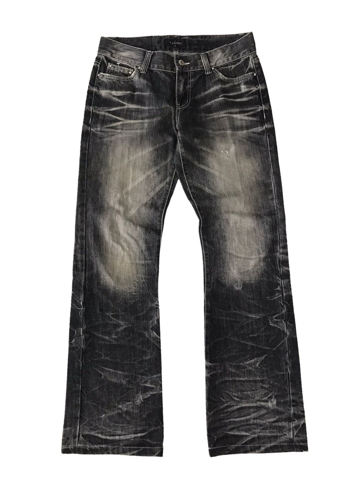 Japanese Brand Flare Jeans 💥 LA Gate Acid Wash Distressed Denim Size US 31 - 3 Thumbnail