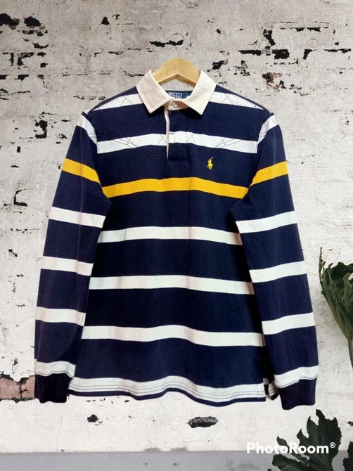 image of Vintage Polo Ralph Laurent Rugby Shirt in White Yellow Blue, Men's (Size Small)