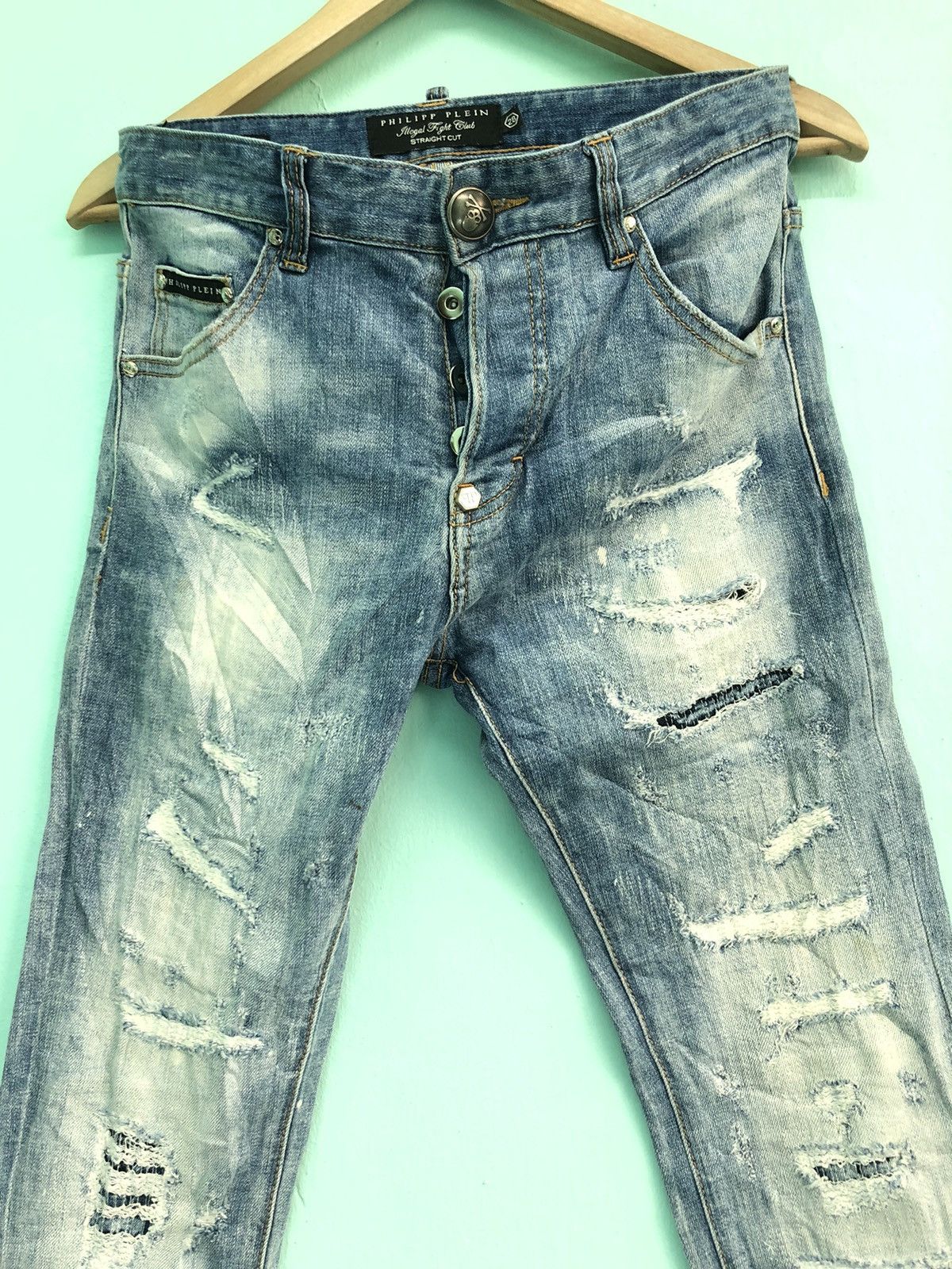 Philipp Plein PHILIPP PLEIN RIPPED DISTRESSED STRAIGHT CUT DENIM JEANS Size US 29 - 2 Thumbnail