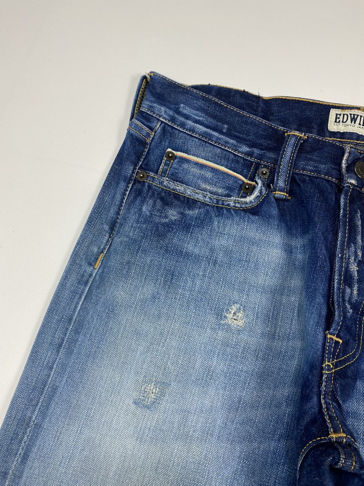Edwin 🔥LASTDROP🔥 Rainbow Selvedge Distressed Mid Tapered Jeans Size US 30 / EU 46 - 9 Thumbnail