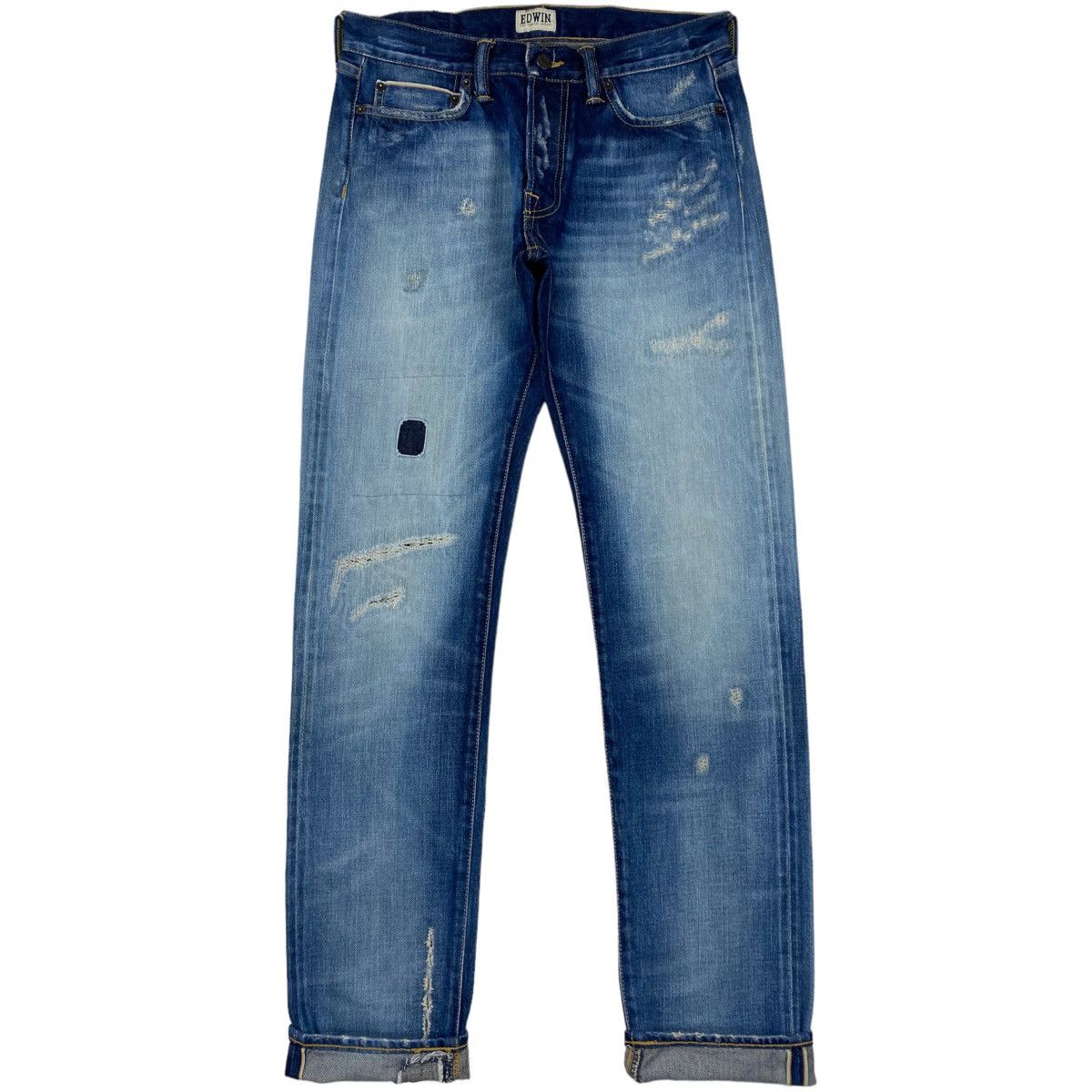 image of Edwin Rainbow Selvedge Distressed Mid Tapered Jeans in Blue, Men's (Size 30)