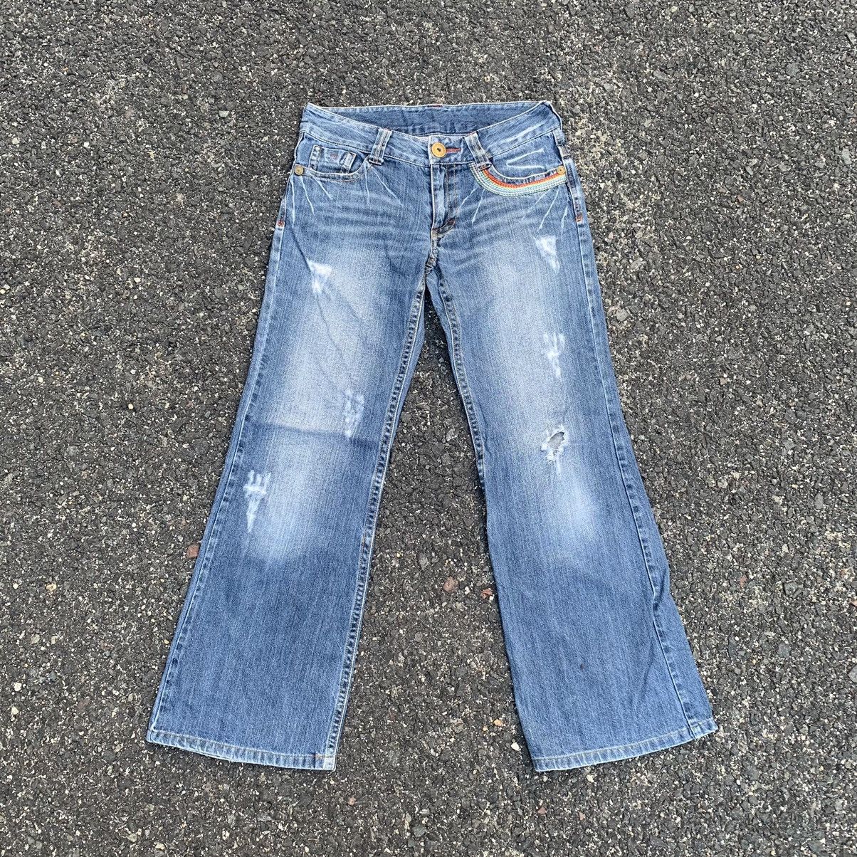 image of Hot Flare Jeans Japanese Vintage Blue Wash Ripped Pants, Men's (Size 29)