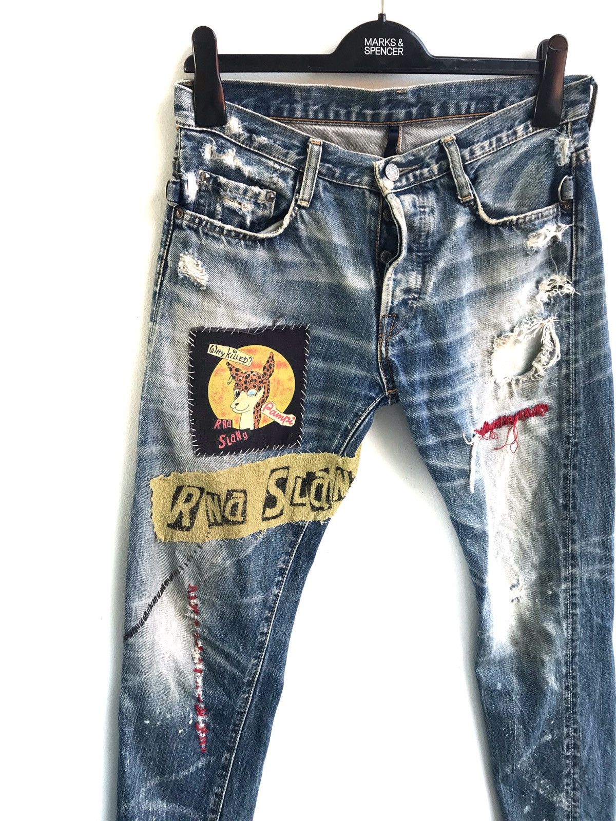 Distressed Rna Slang Patches Destroyed Punk Style Denim Pant