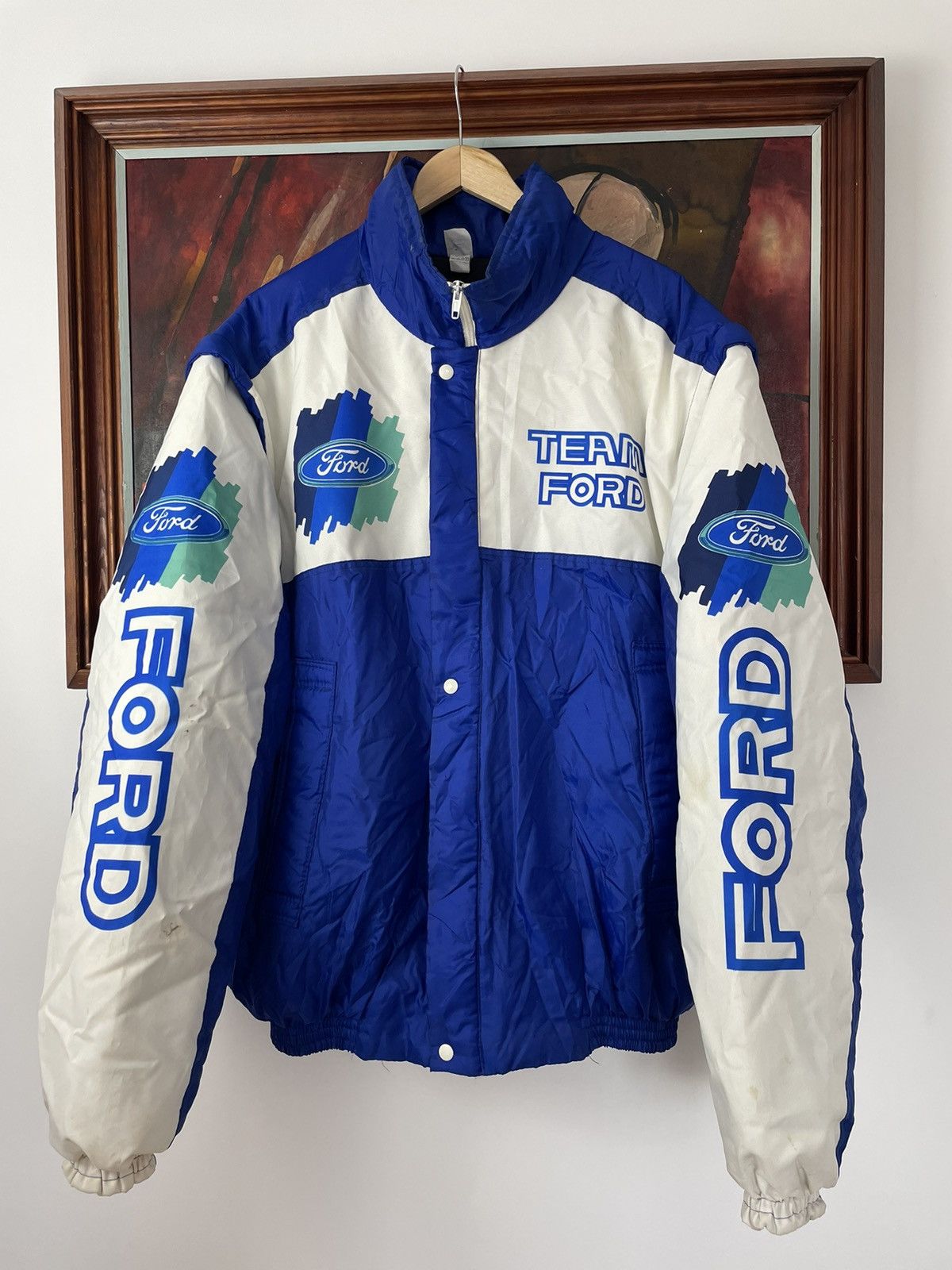 image of Ford Racing Jacket Nascar Streetwear Vintage Y2K Hype in Blue White, Men's (Size XL)