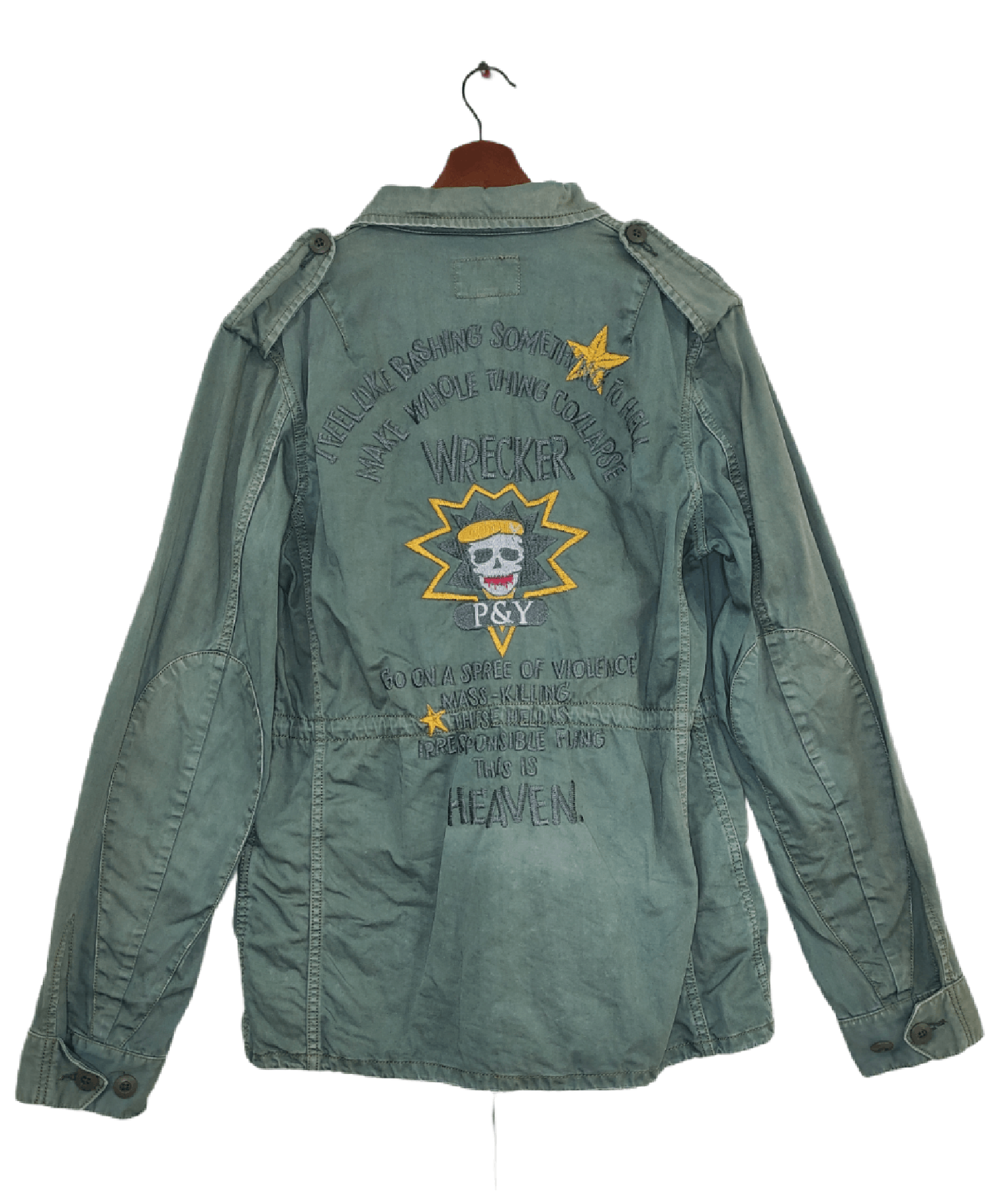 image of Purple & Yellow Military Jacket in Green Distressed, Men's (Size Large)