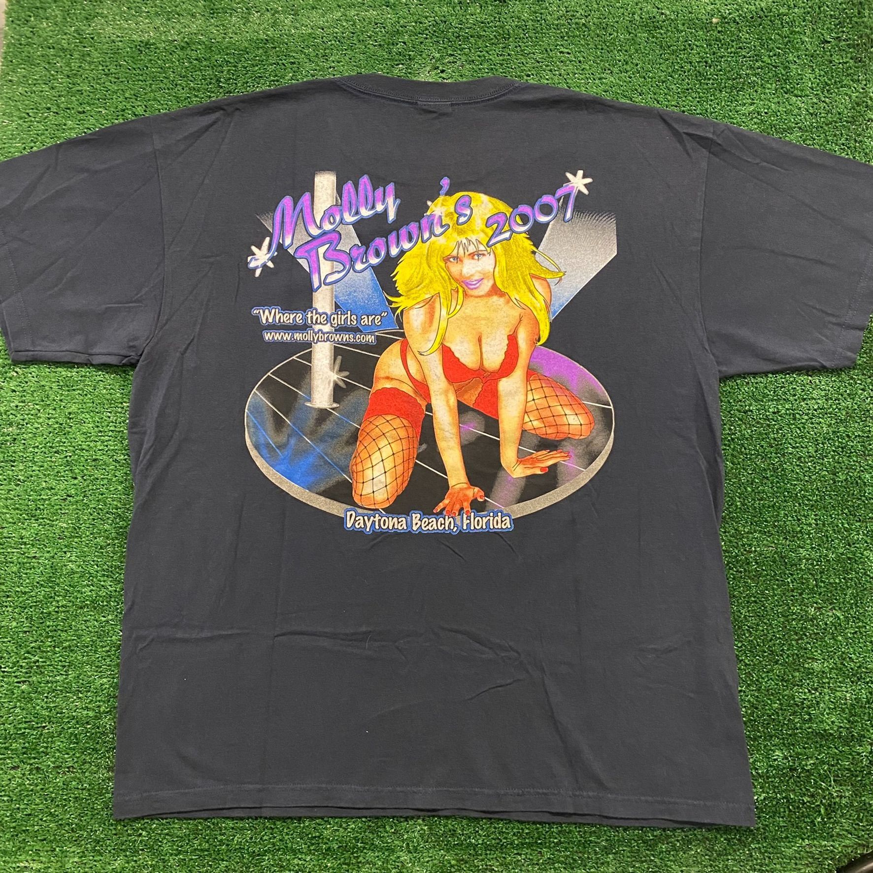 image of Moto x Vintage Molly Brown's Daytona Strip Club Strippers T-Shirt in Navy, Men's (Size XL)