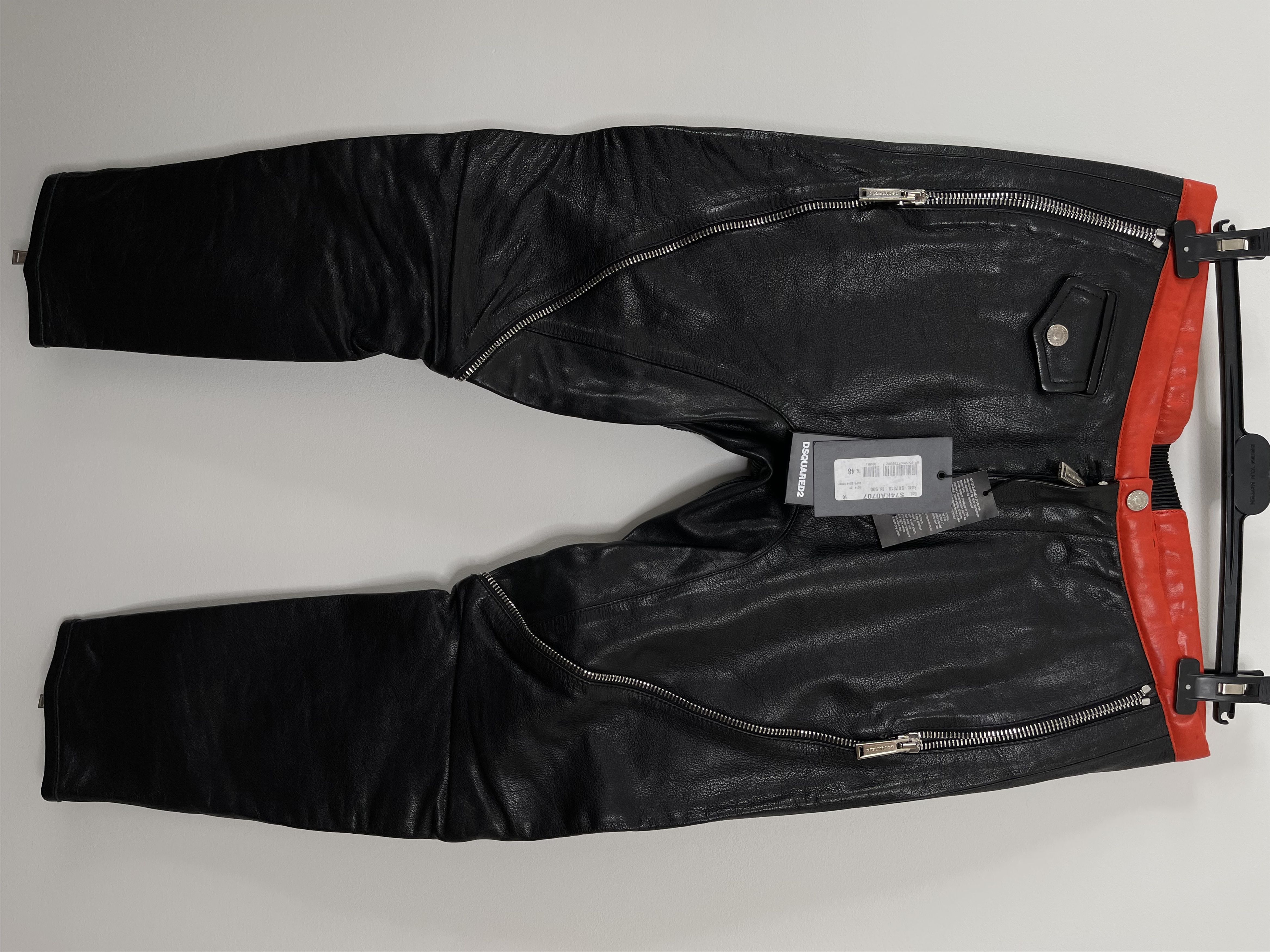 image of Dsquared2 Eu48 Thick Black Leather Zipper Biker Pants Ss14, Men's (Size 32)