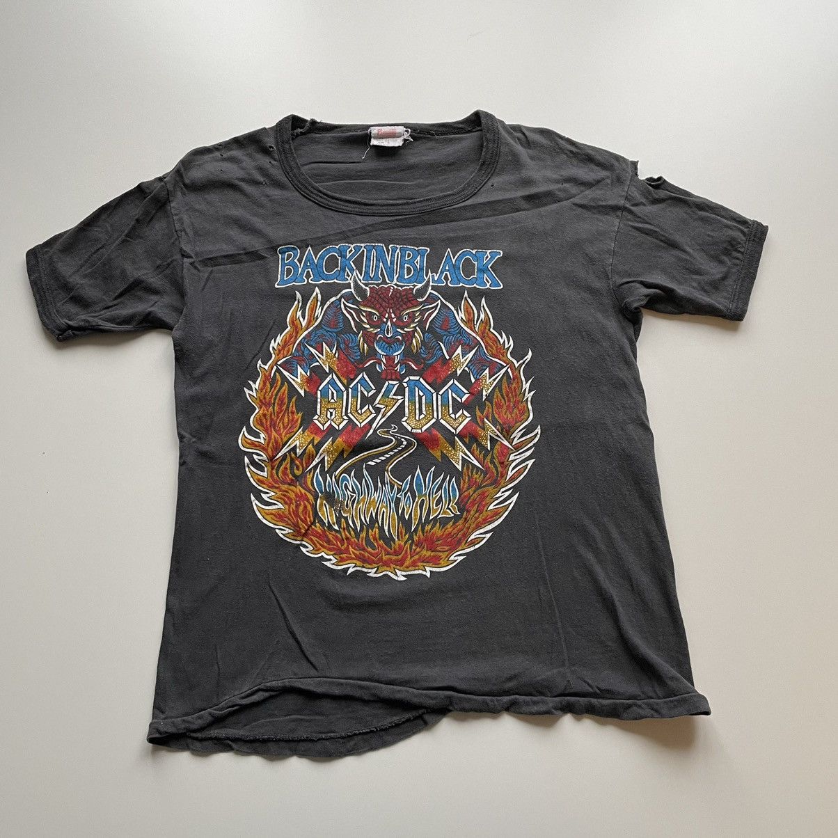 image of Acdc x Band Tees Vintage 70's 80's Ac/dc Back In Black Graphic T Shirt Faded, Men's (Size Medium)