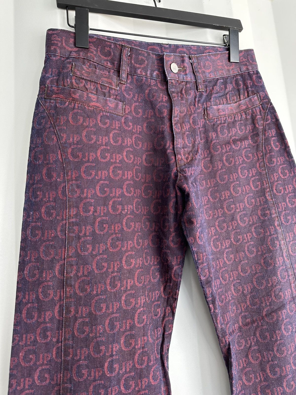 image of Jean Paul Gaultier Jpg Allover Logo Pants in Burgundy, Men's (Size 30)