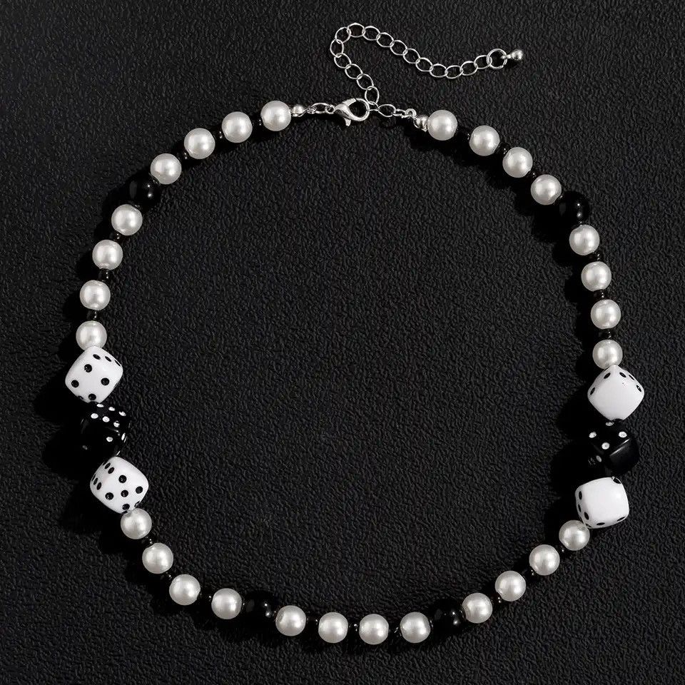Jewelry Punk Lucky Dice White/Black Beads Choker Necklace Size ONE SIZE - 2 Thumbnail