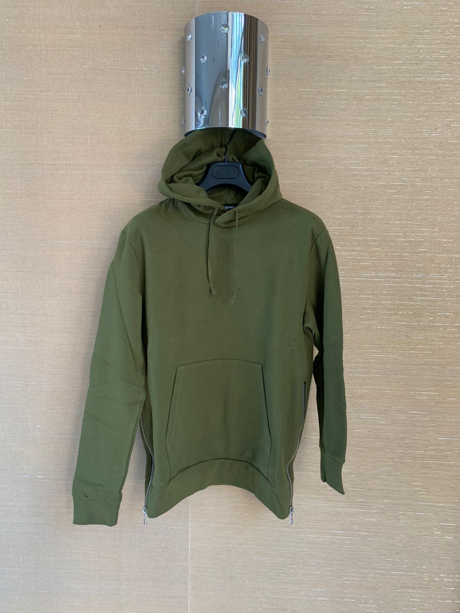 image of Balmain Side Zip Pullover Hoodie In Dirty Green, Men's (Size Small)