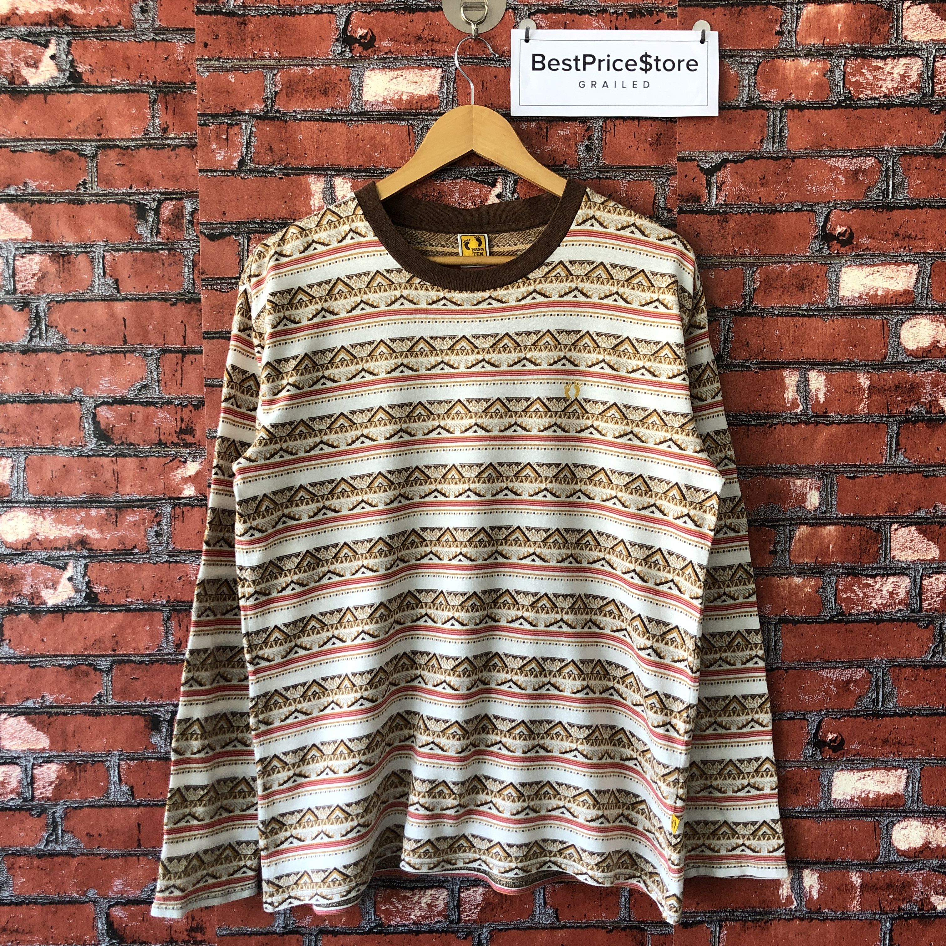 Hang Ten Gold Tag Abstract Stripes Logo Long Sleeve Tee L