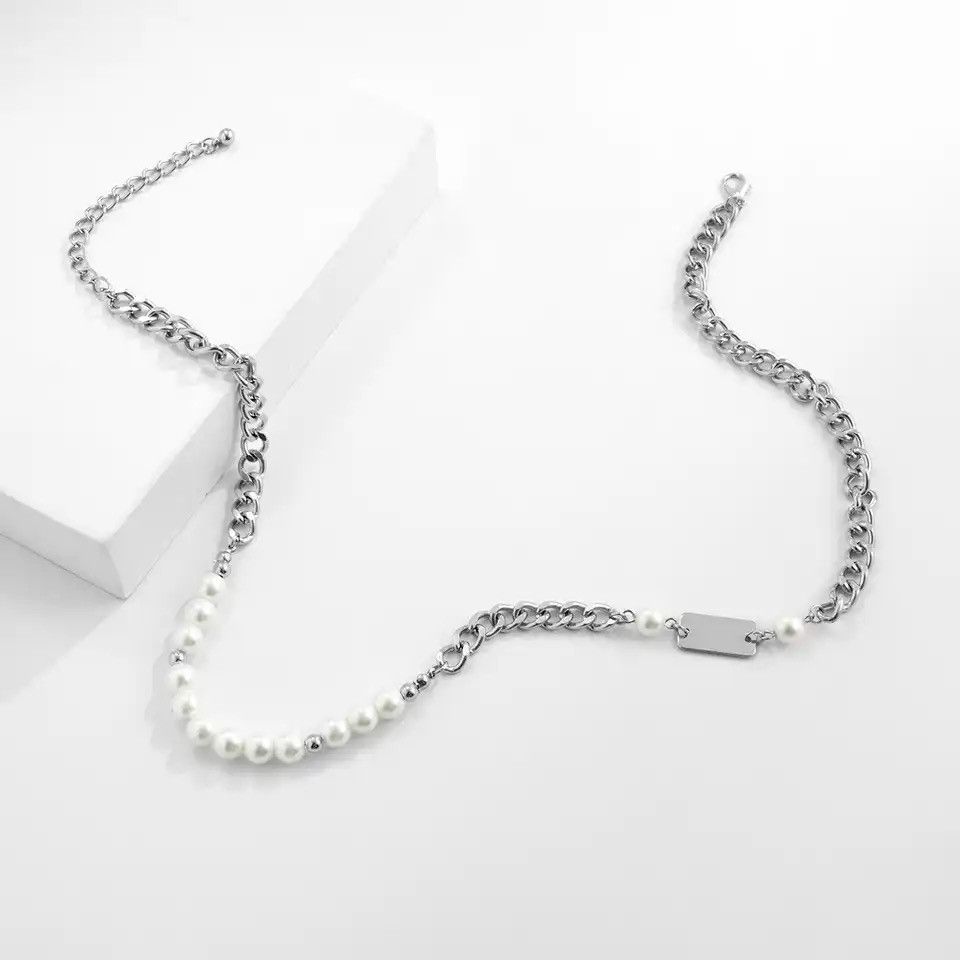 Jewelry Hip-hop Metal Chain Stitching Pearl Necklace Size ONE SIZE - 2 Thumbnail