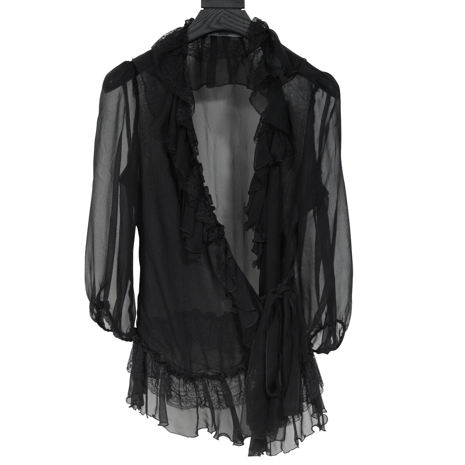 image of Blumarine Sheer Ruffled Trim Tie Front Blouse Silk Top in Black, Women's (Size Medium)