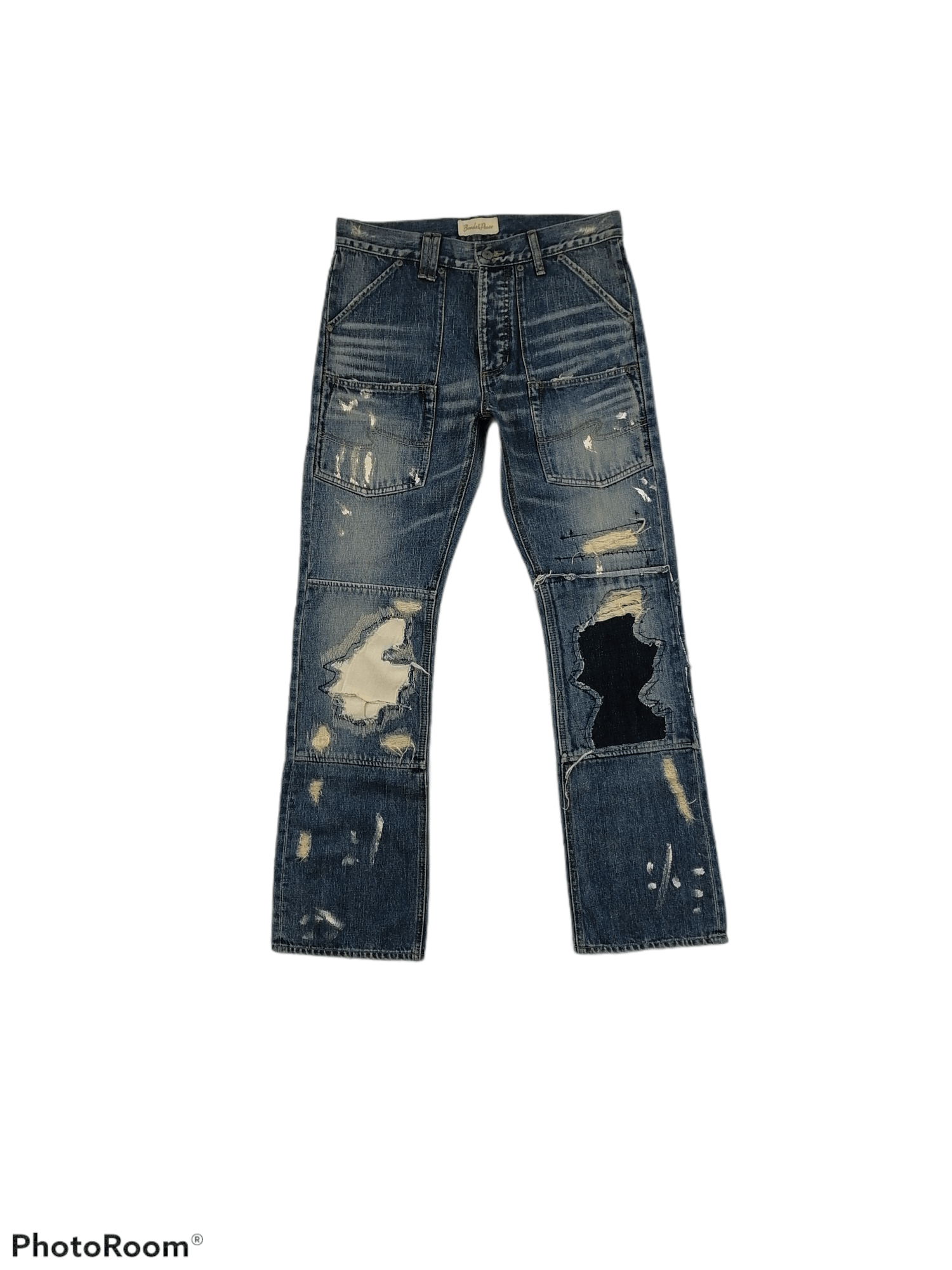 Image of Avant Garde Sickkkbonds&peace Patchwork Denim Bushpant in Blue Distressed, Men's (Size 31)