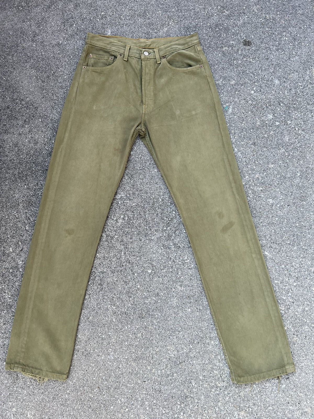 image of Levis x Vintage 1999 Levi’S 501 Sun Fade Olive Green Denim Jeans in Faded Olive Green (Size 31)