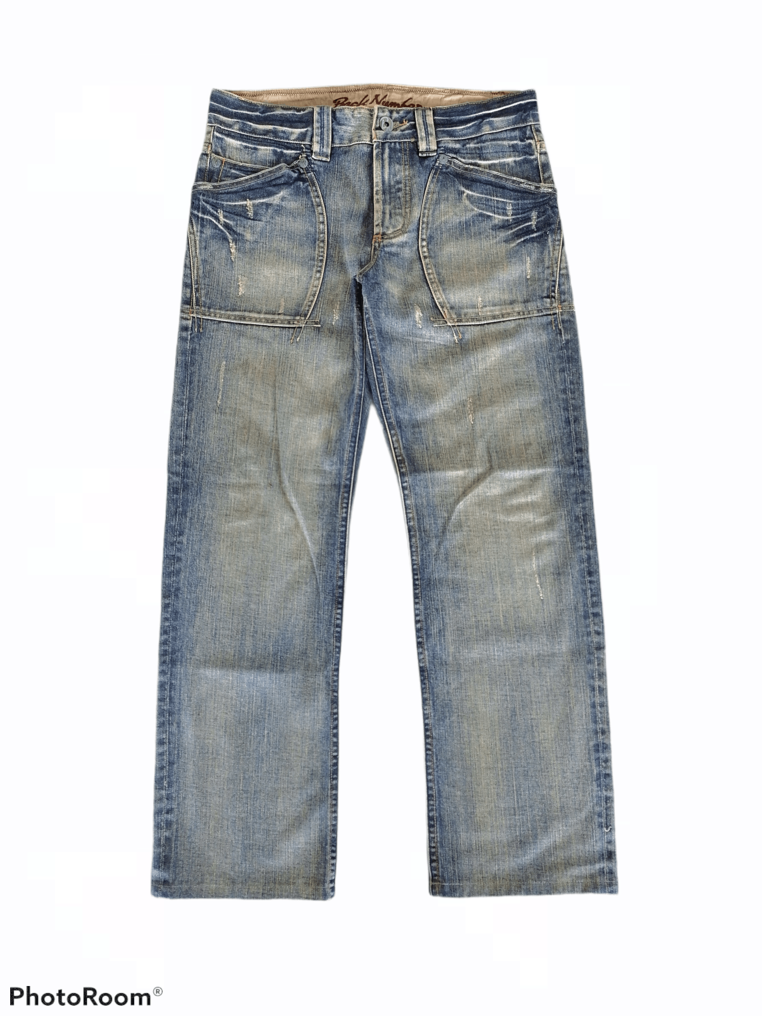 image of Archival Clothing x Distressed Denim Washed Blue Back Number Distressed Denim Pants in Blue Distres