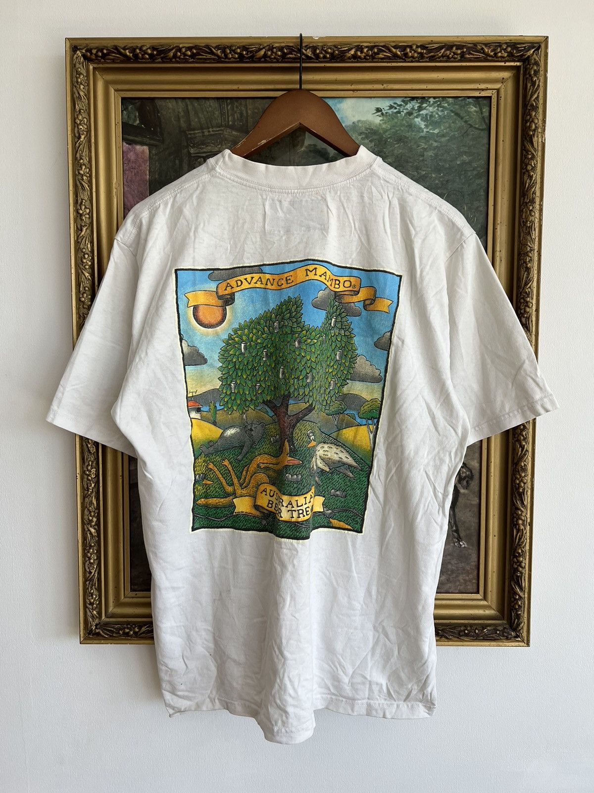 image of 2000 Mambo Advance Australian Beer Tree Surfing Tee in White, Men's (Size Medium)