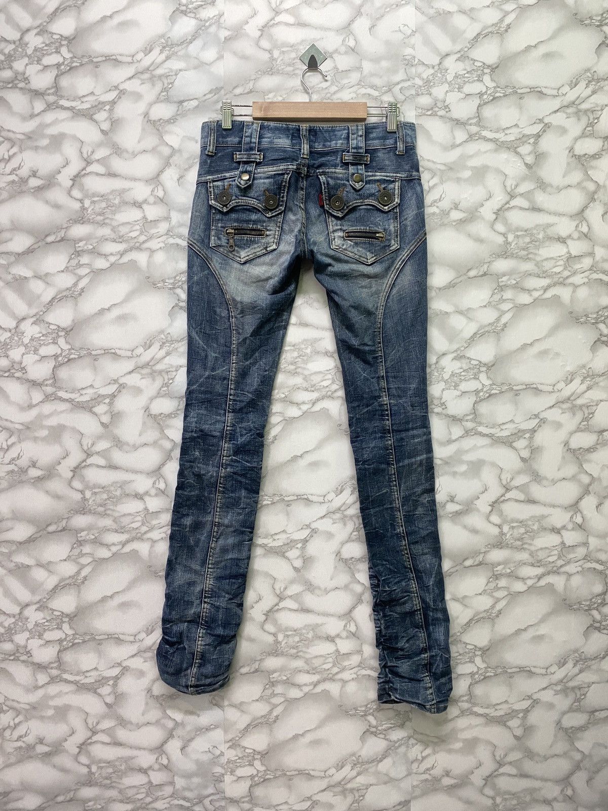 image of Designer Maraxia Stacked Low Rise Reconstructed Denim Skinny Pant in Blue, Men's (Size 28)