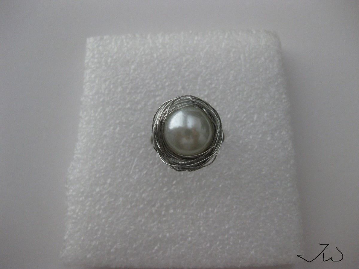 Handmade White Pearl silver wire bronze ring Size ONE SIZE - 1 Thumbnail