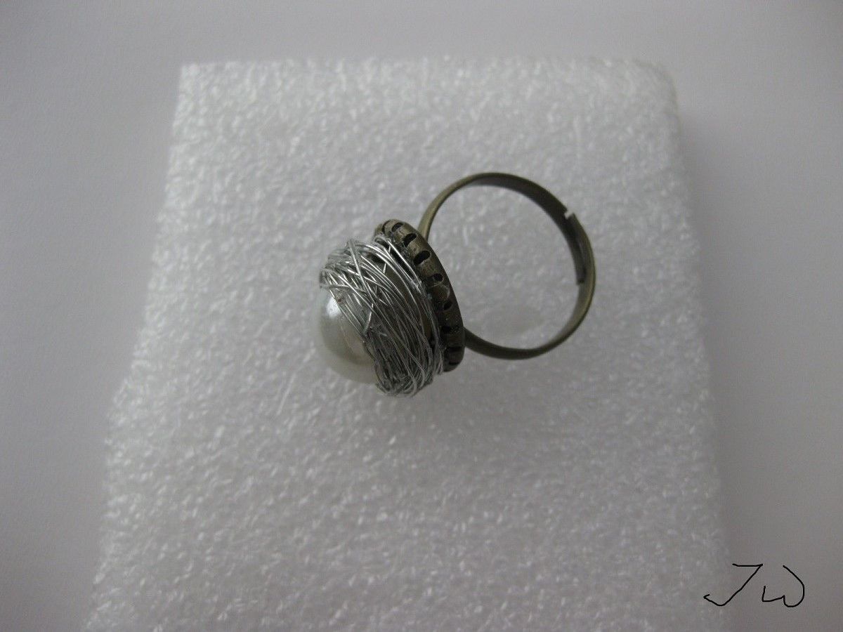 Handmade White Pearl silver wire bronze ring Size ONE SIZE - 2 Thumbnail