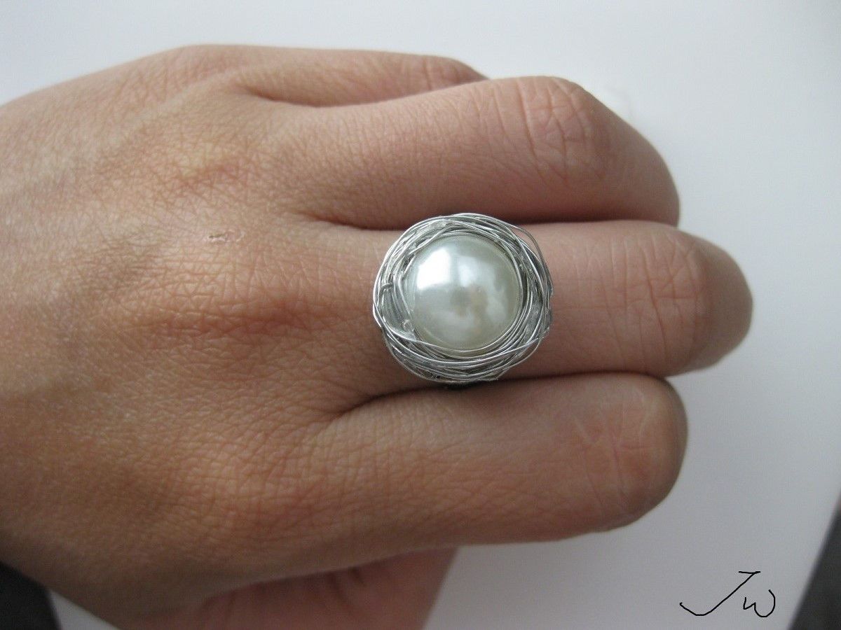 Handmade White Pearl silver wire bronze ring Size ONE SIZE - 4 Thumbnail